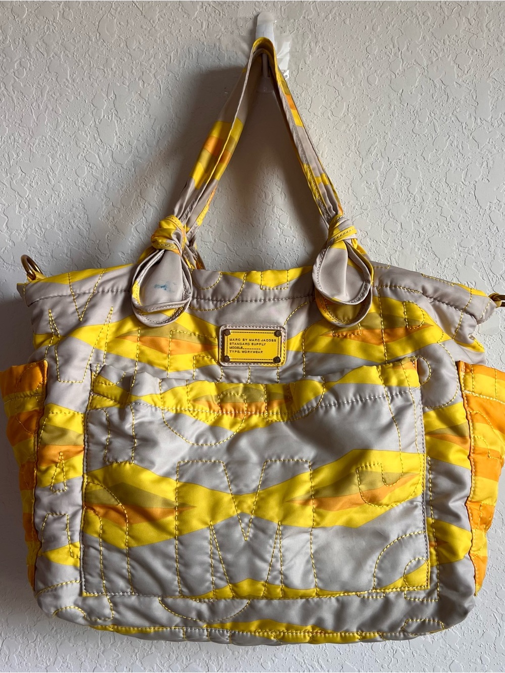 Marc by Marc Jacobs Yellow and Light Gray Quilted Pattern Tote Bag READ
